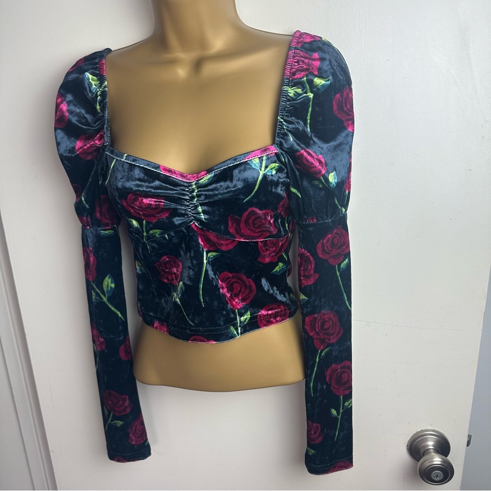 DELIA*S X Dolls Kill Black Red Velvet Bouquet Of Thorns Long Sleeve Top NWT XS